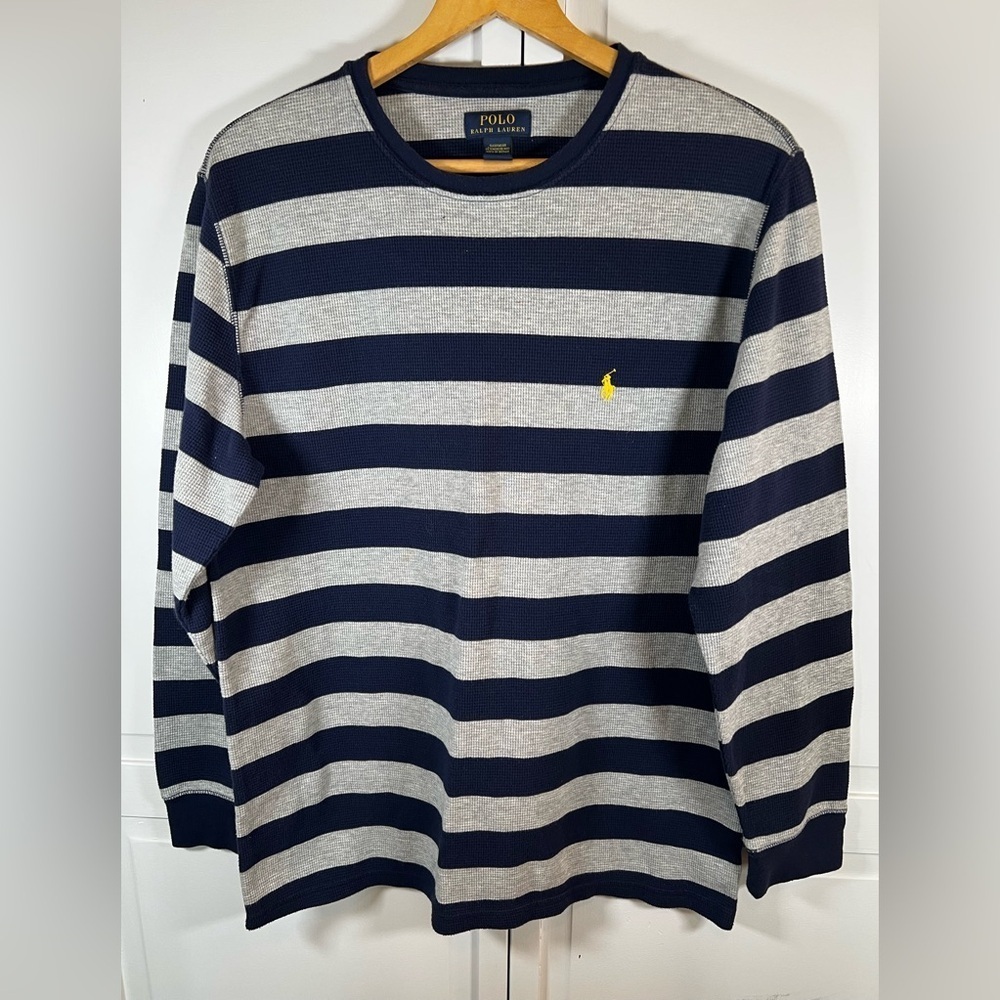 Polo Ralph Lauren Thermal Men's XL Striped Waffle Knit‎ Cotton Top Navy Gray